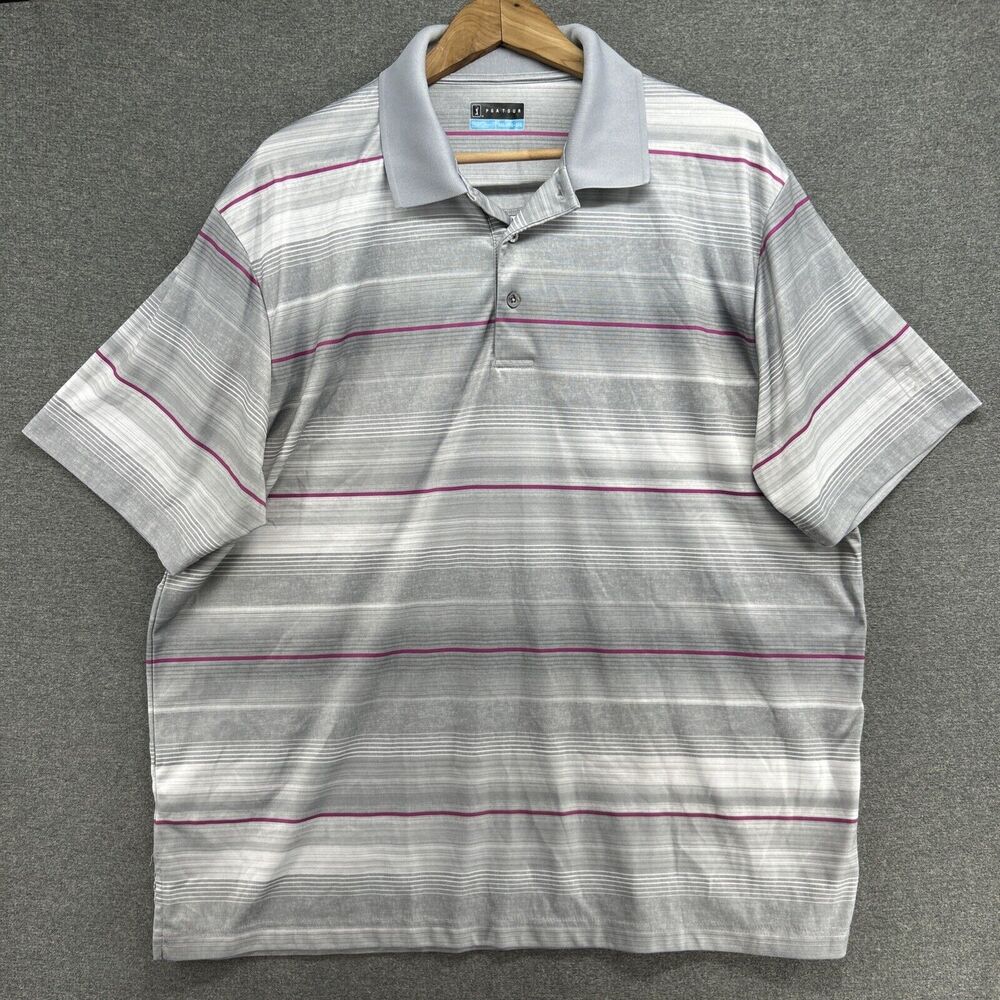 PGA TOUR Mens XXL Golf Polo Shirt Gray Fuchsia Pink Striped Short Sleeve Top 2XL